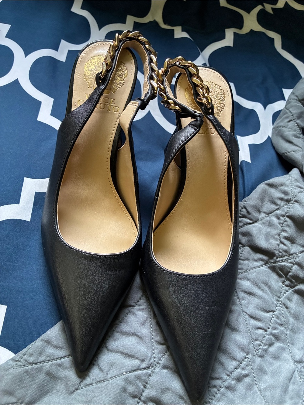 Vince Camuto Black Pointed Slingback Heels with Gold Chain